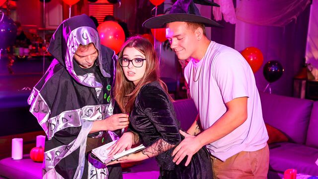 Cute long-haired brunette Leana Lovings fucked by two men