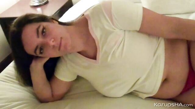 Big-boobed brunette Rose stimulates her hole with pleasure