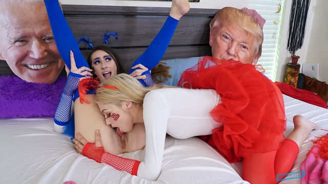 Playful teens Sia Lust and Mackenzie Mace have fun with two big dicks