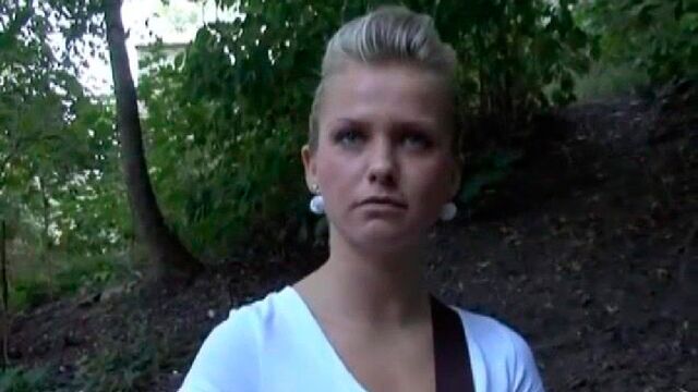 Good-looking chick with an innocent look shows her pierced pussy