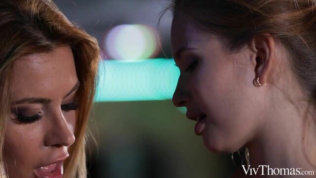 Hot lesbian sex by the bar stand with Stella Cardo and Dorothy Black