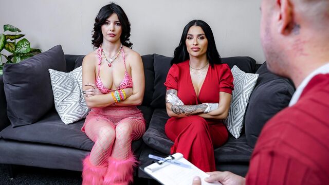 FFM on the couch with long-legged brunettes Melody Marks and Asteria Jade