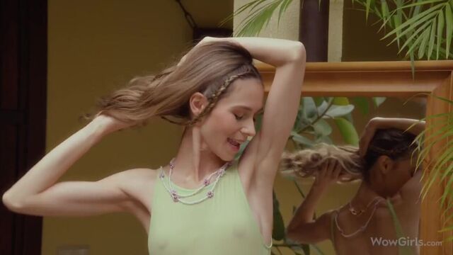 Beautiful solo play with a long-legged brunette teen Leona Mia