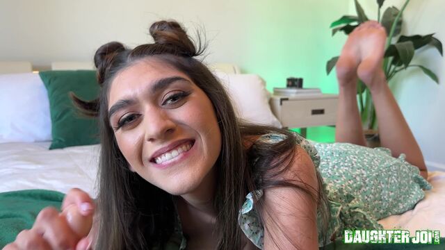 Long-haired innocent brunette Aubry Babcock strokes her dildo