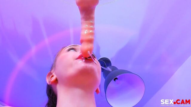 Low angle solo dildo-sucking experience of a hot slutty girlfriend