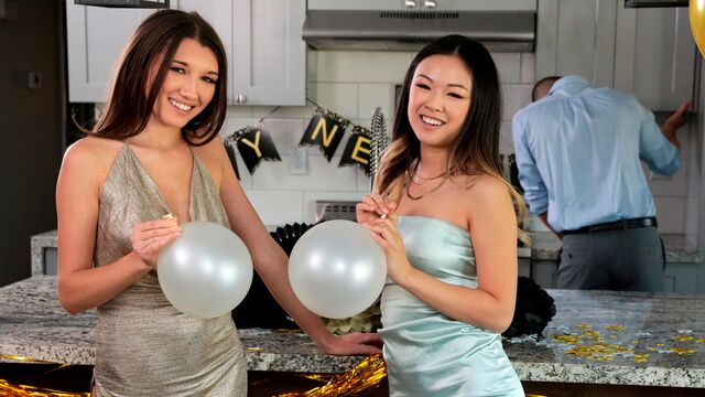 Two slender brunettes Lulu Chu and Maya Woulfe in a hot FFM