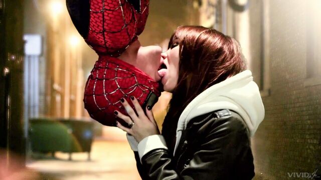 Spider man shoves his cock in Capri Anderson's wide-opened mouth