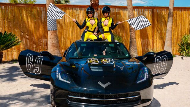 Two busty brunettes Dillion Harper and Karlee Grey nailed by the car