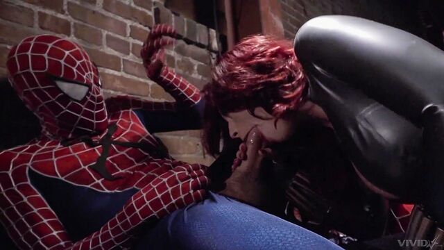 Godlike angel in black leather Brooklyn Lee fucked by Spider-Man