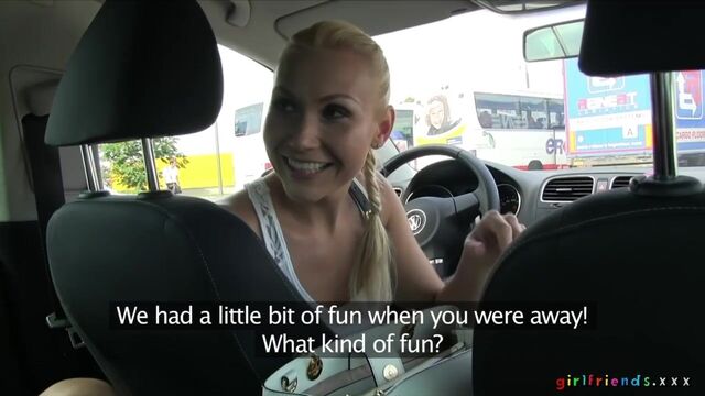 Backseat lesbian masturbation with a hot blonde Lena Love