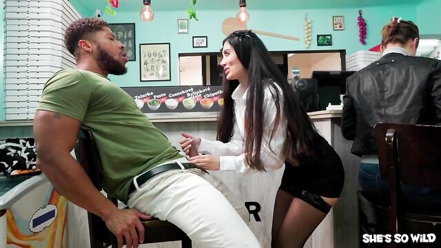 Slender brunette with big boobs Marina Maya rammed by two cocks