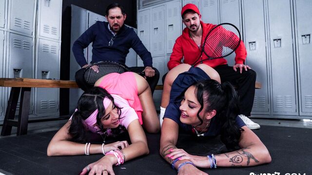 Hard foursome in the locker room with Luxe La Fox and Valerie Vixen