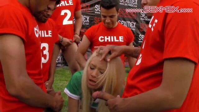 Crazy gangbang session with a hot Janeth Rubio and football team