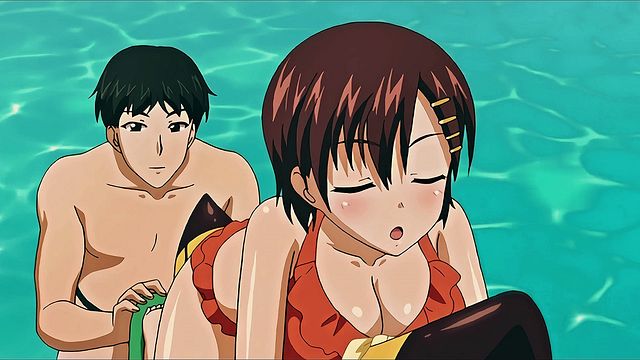 Anime short brunette red bikini on banana float then POV oral with breast squeeze