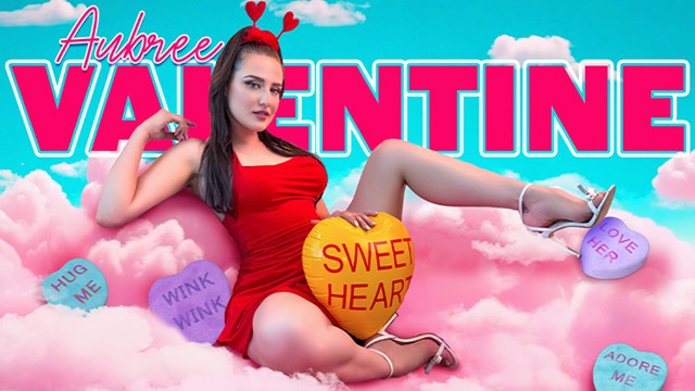 Aubree Valentine rides cowgirl topless with pink frills down as heart balloons fill the room