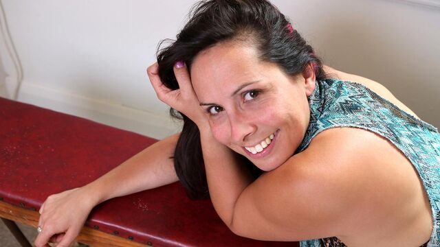 Jade Winters smiles in leopard bra then solo rub under window light