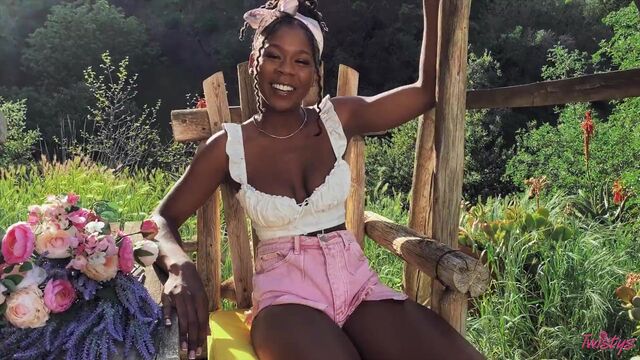 Aesthetic ebony model Hazel Grace nicely stimulating her pussy outdoors