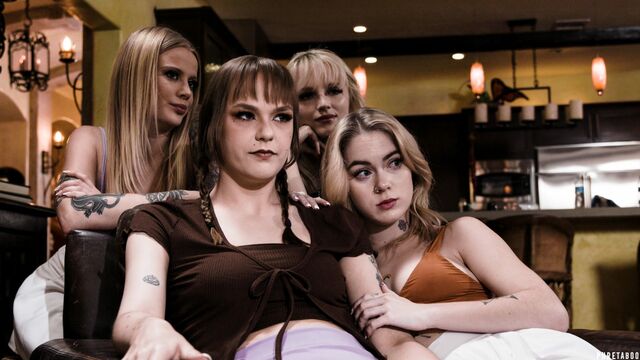 Two playful friends are fucking with a skinny teen Kyler Quinn